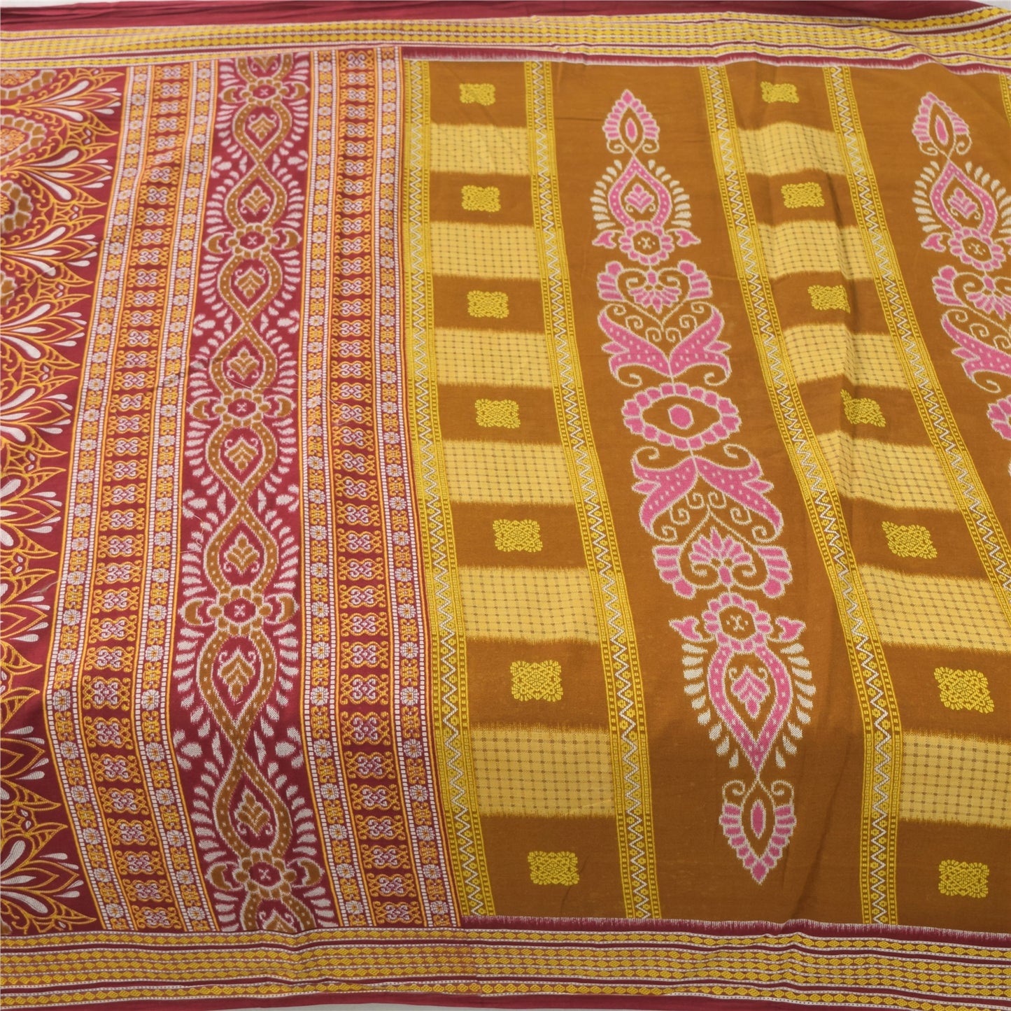 Sanskriti Vintage Sarees Mustard/Purple Pure Cotton Print Sari 5yd Craft Sustainable Fabric