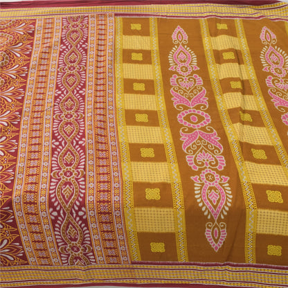 Sanskriti Vintage Sarees Mustard/Purple Pure Cotton Print Sari 5yd Craft Sustainable Fabric