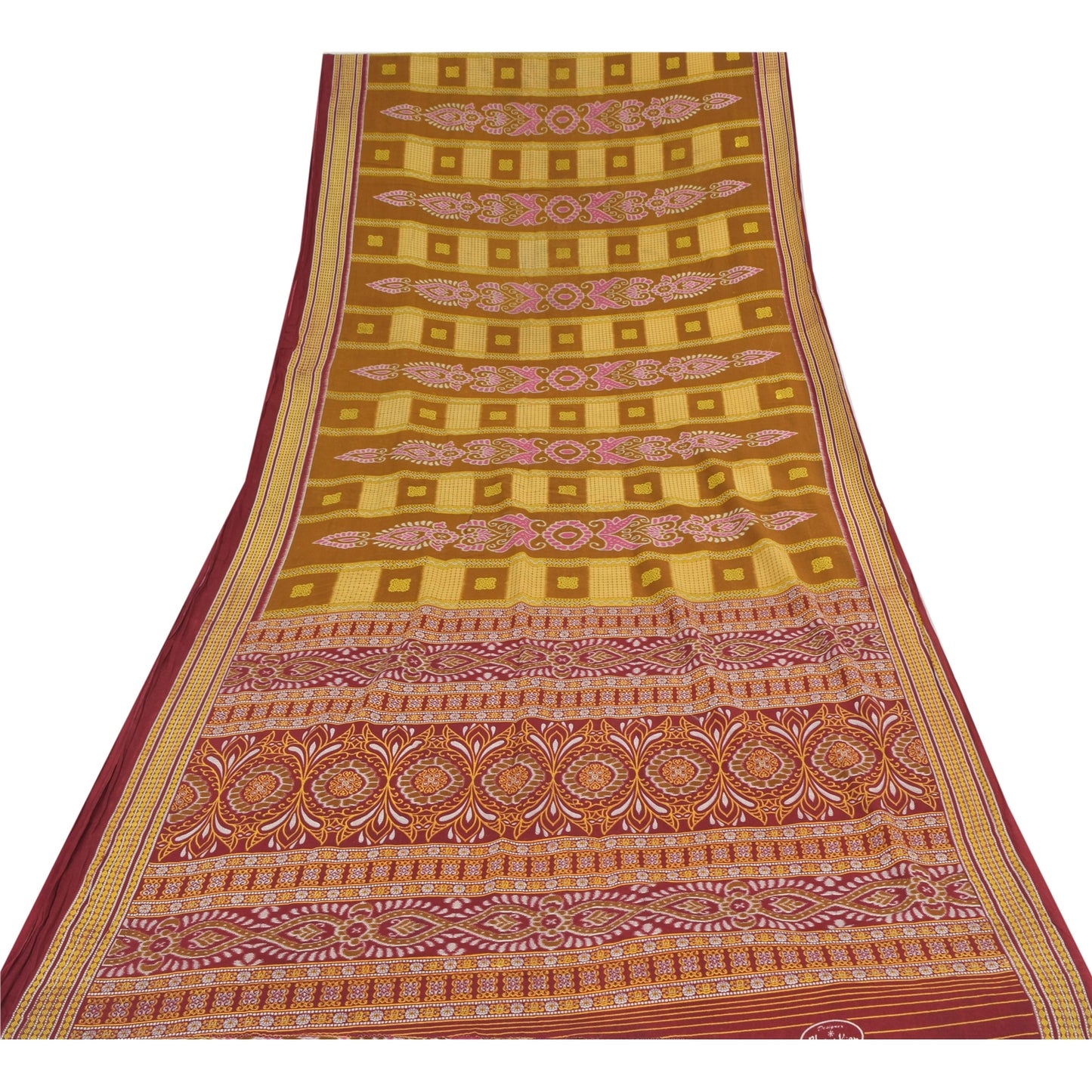 Sanskriti Vintage Sarees Mustard/Purple Pure Cotton Print Sari 5yd Craft Sustainable Fabric