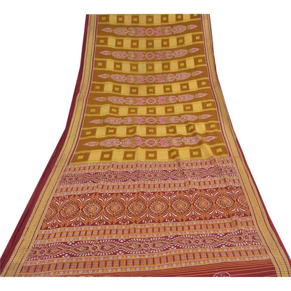 Sanskriti Vintage Sarees Mustard/Purple Pure Cotton Print Sari 5yd Craft Sustainable Fabric