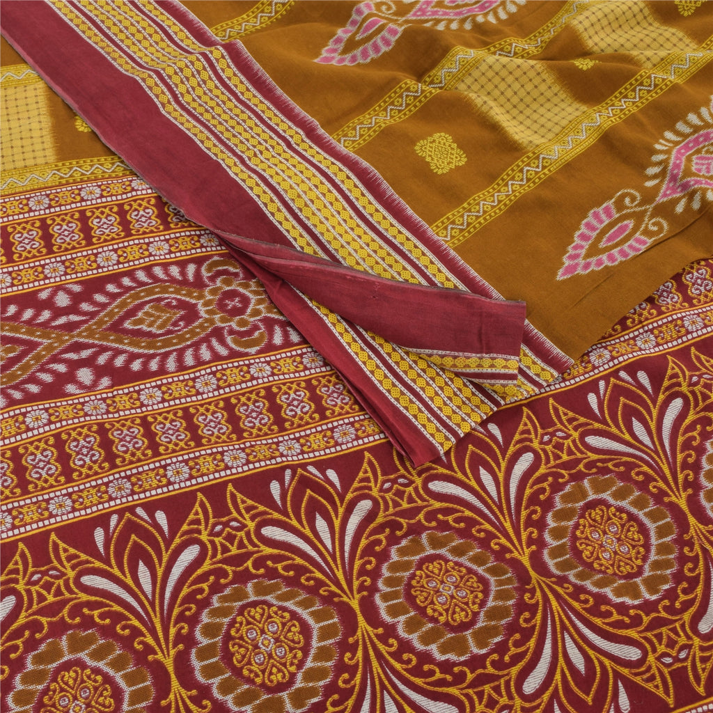 Sanskriti Vintage Sarees Mustard/Purple Pure Cotton Print Sari 5yd Craft Sustainable Fabric