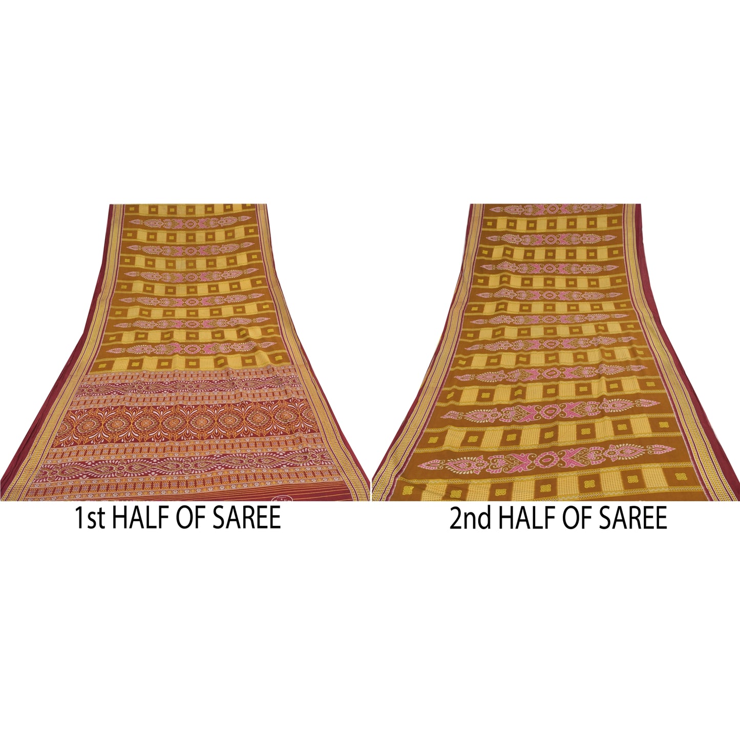 Sanskriti Vintage Sarees Mustard/Purple Pure Cotton Print Sari 5yd Craft Sustainable Fabric