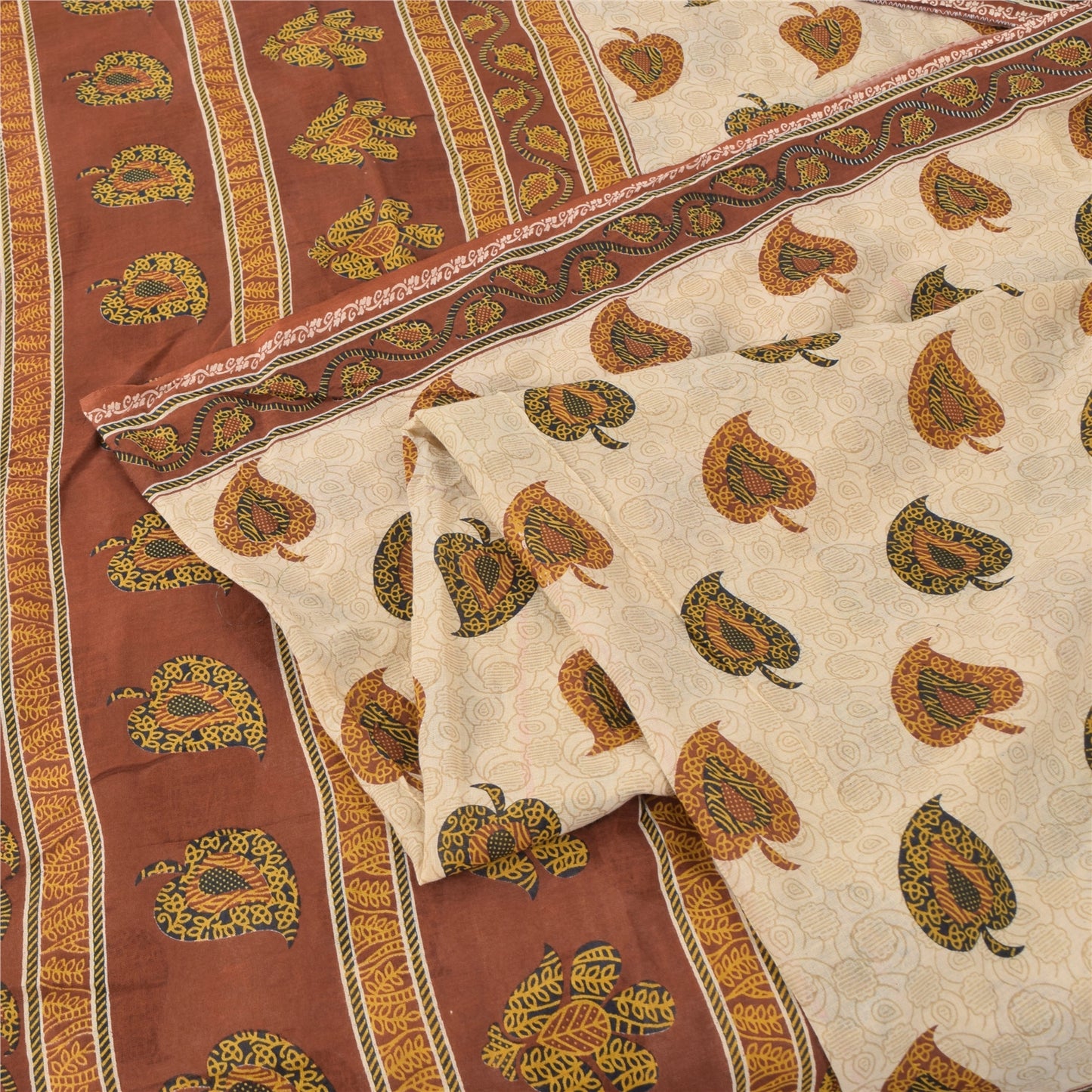 Sanskriti Vintage Sarees Cream/Brown Pure Cotton Printed Sari 5yd Craft Sustainable Fabric