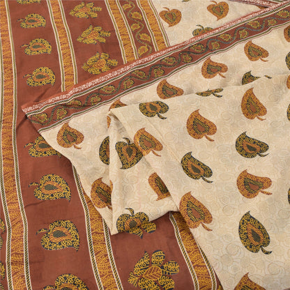 Sanskriti Vintage Sarees Cream/Brown Pure Cotton Printed Sari 5yd Craft Sustainable Fabric