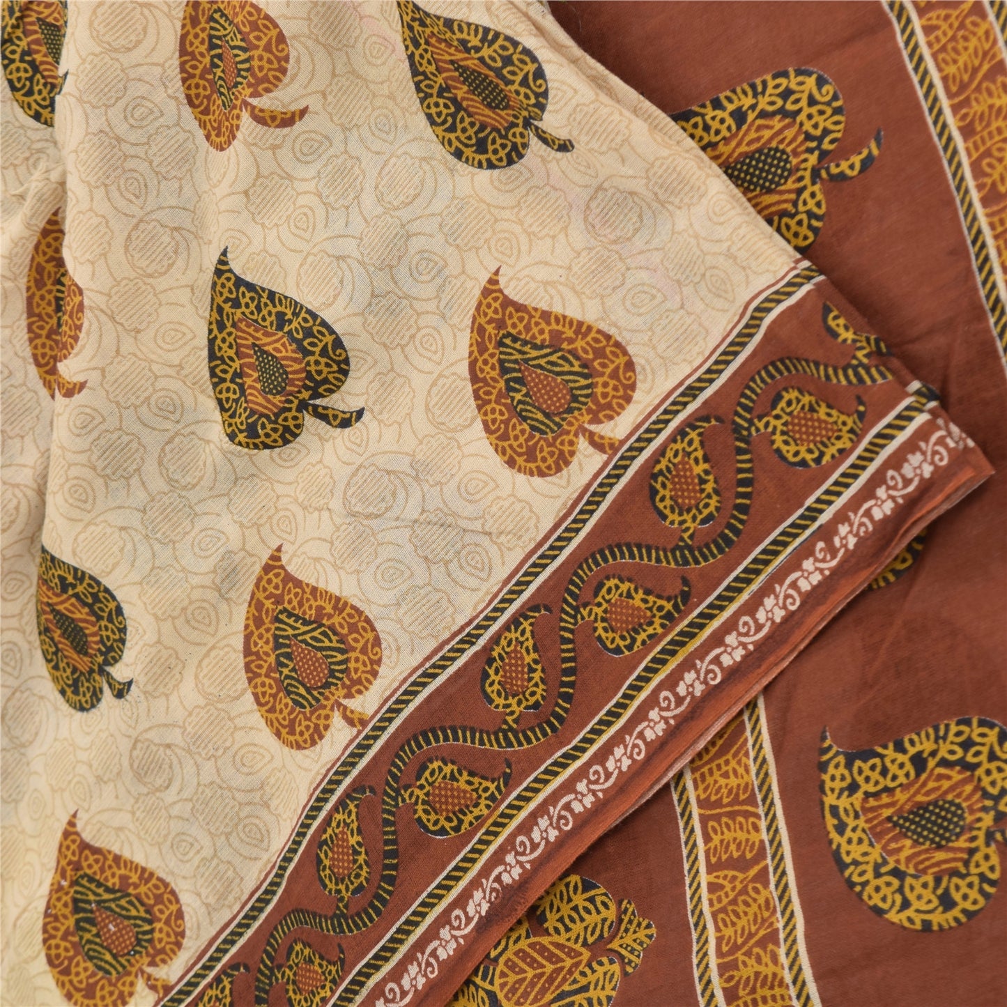 Sanskriti Vintage Sarees Cream/Brown Pure Cotton Printed Sari 5yd Craft Sustainable Fabric