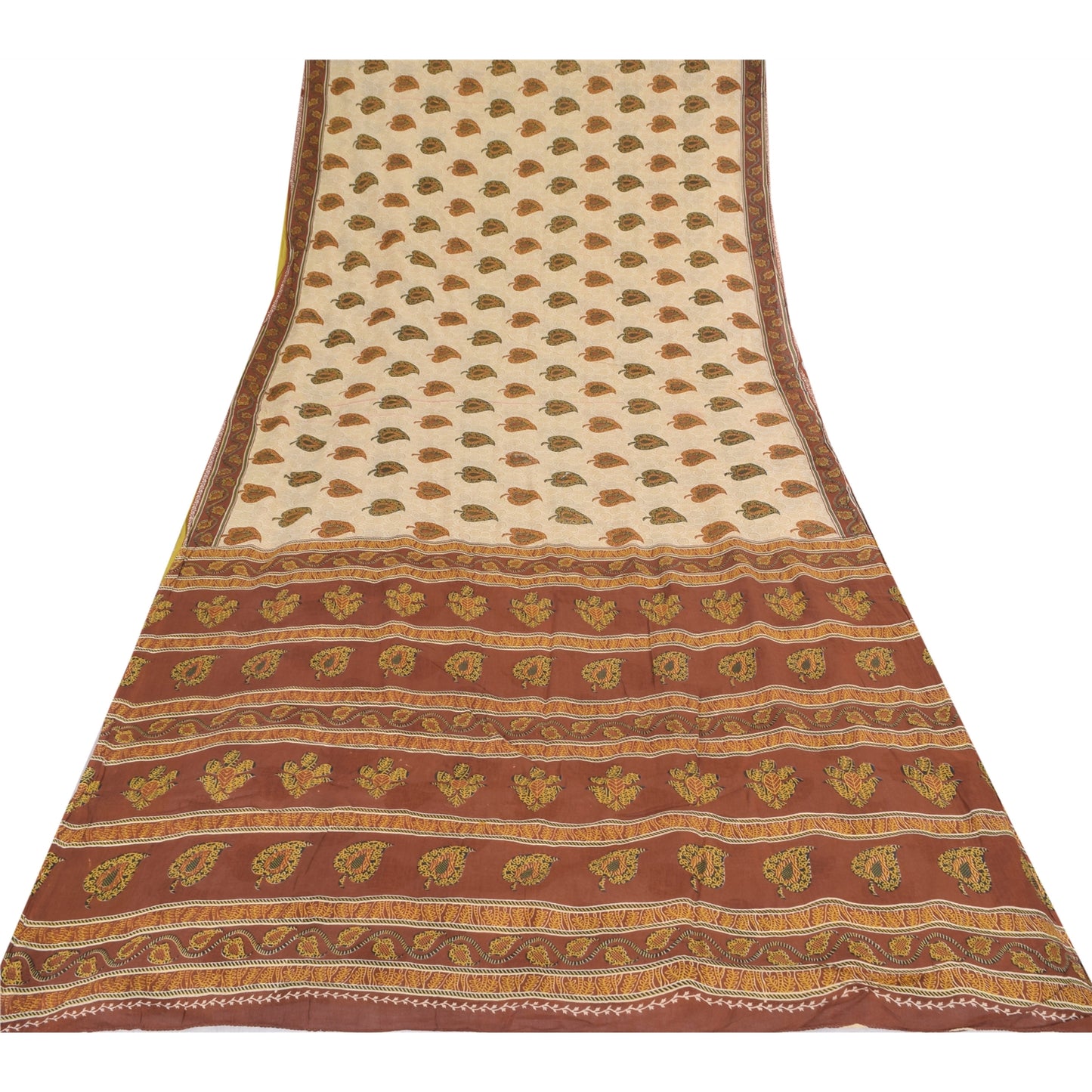 Sanskriti Vintage Sarees Cream/Brown Pure Cotton Printed Sari 5yd Craft Sustainable Fabric