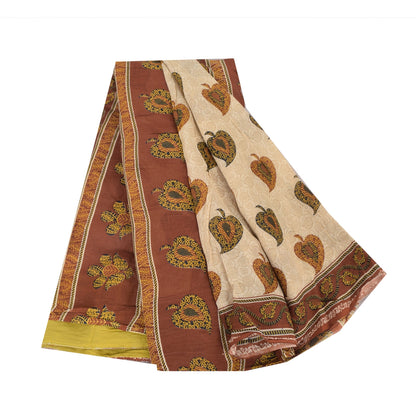 Sanskriti Vintage Sarees Cream/Brown Pure Cotton Printed Sari 5yd Craft Sustainable Fabric