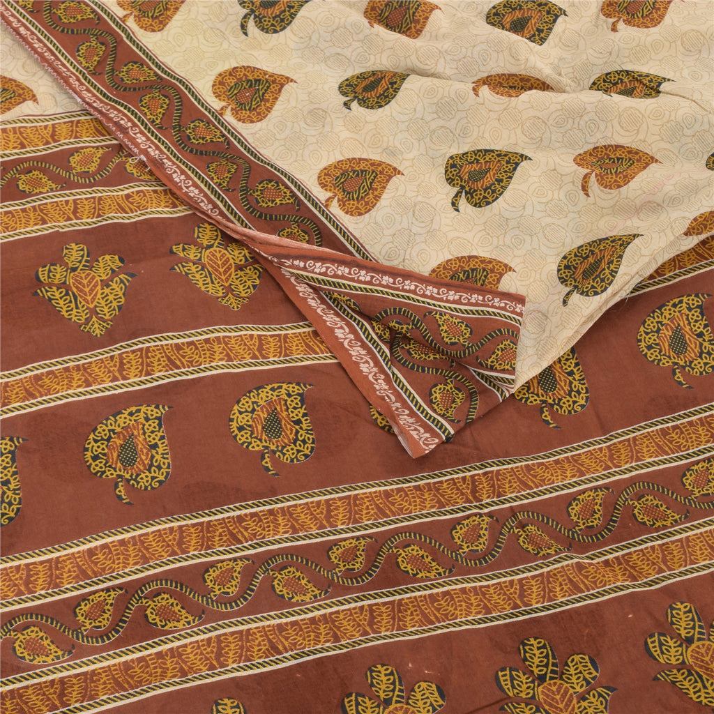 Sanskriti Vintage Sarees Cream/Brown Pure Cotton Printed Sari 5yd Craft Sustainable Fabric