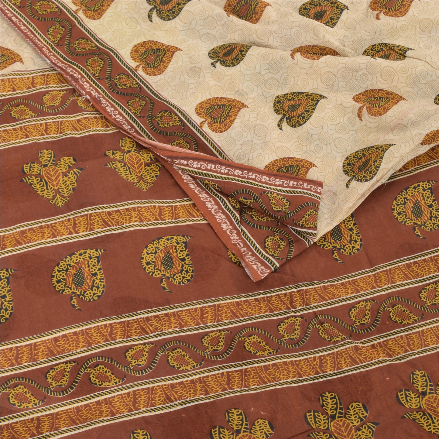 Sanskriti Vintage Sarees Cream/Brown Pure Cotton Printed Sari 5yd Craft Sustainable Fabric