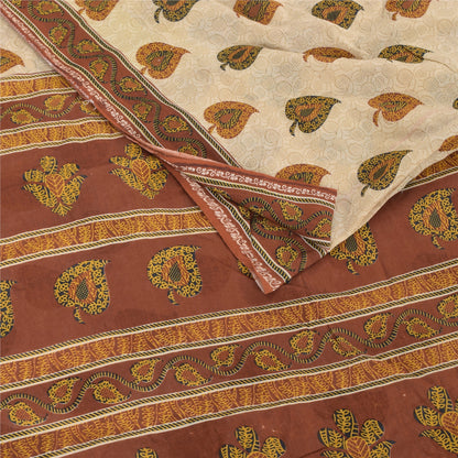 Sanskriti Vintage Sarees Cream/Brown Pure Cotton Printed Sari 5yd Craft Sustainable Fabric