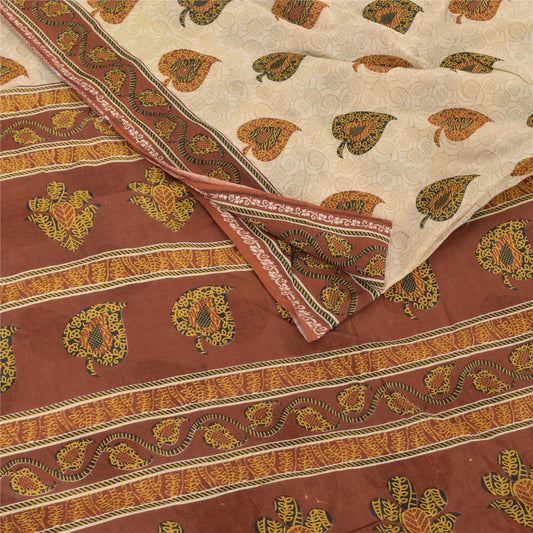 Sanskriti Vintage Sarees Cream/Brown Pure Cotton Printed Sari 5yd Craft Sustainable Fabric