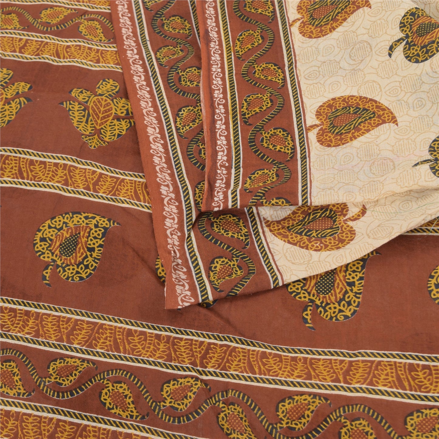 Sanskriti Vintage Sarees Cream/Brown Pure Cotton Printed Sari 5yd Craft Sustainable Fabric