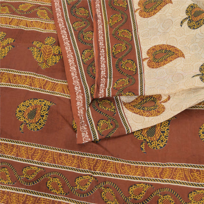 Sanskriti Vintage Sarees Cream/Brown Pure Cotton Printed Sari 5yd Craft Sustainable Fabric