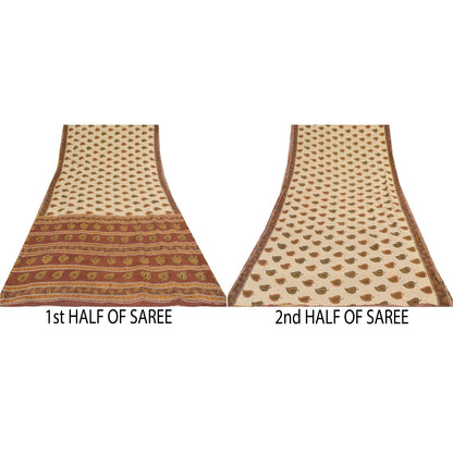 Sanskriti Vintage Sarees Cream/Brown Pure Cotton Printed Sari 5yd Craft Sustainable Fabric