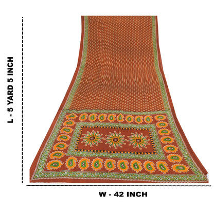 Sanskriti Vintage Sarees Indian Orange Pure Cotton Printed Sari 5yd Craft Sustainable Fabric