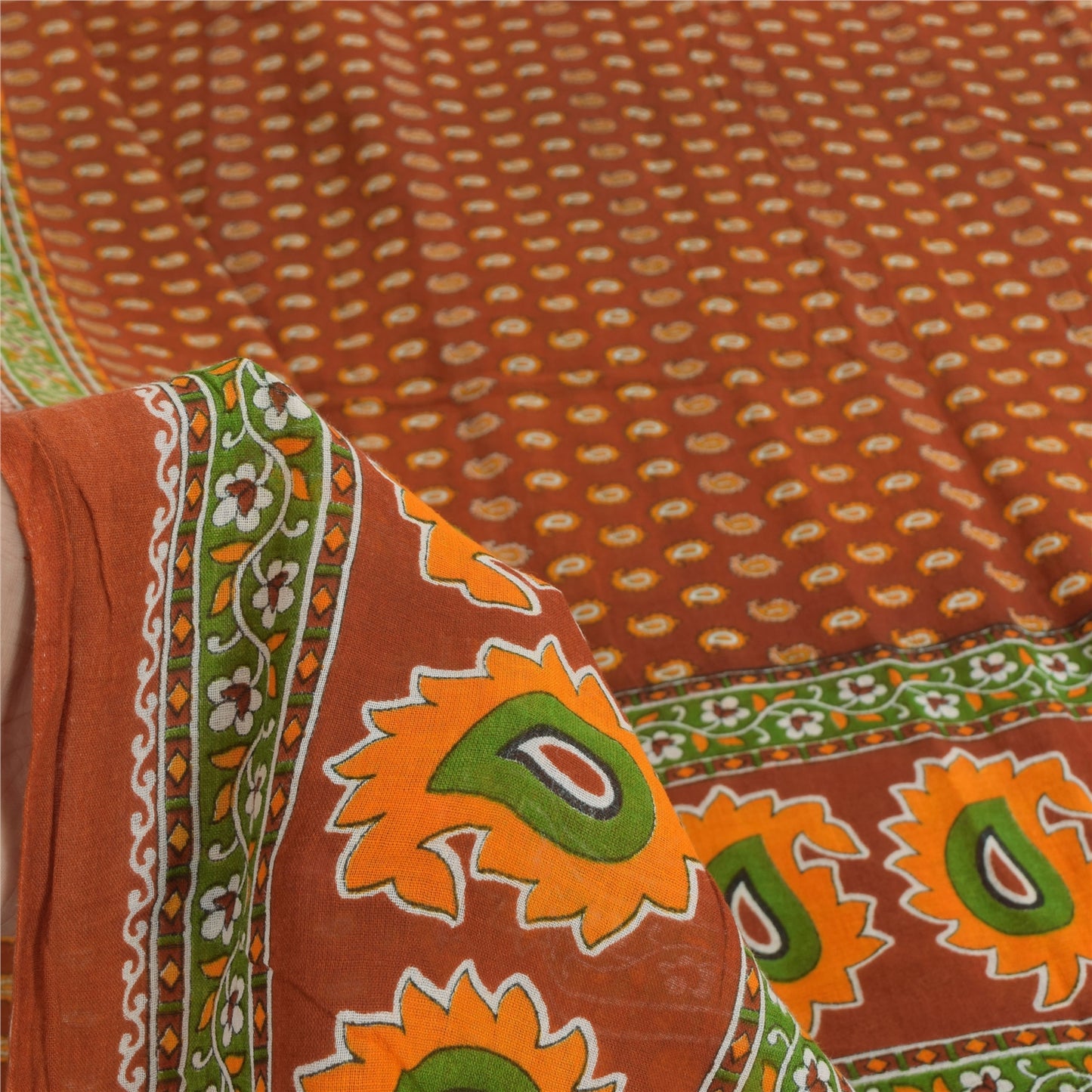 Sanskriti Vintage Sarees Indian Orange Pure Cotton Printed Sari 5yd Craft Sustainable Fabric