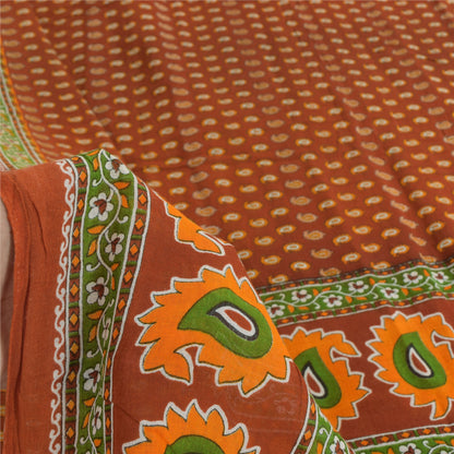 Sanskriti Vintage Sarees Indian Orange Pure Cotton Printed Sari 5yd Craft Sustainable Fabric