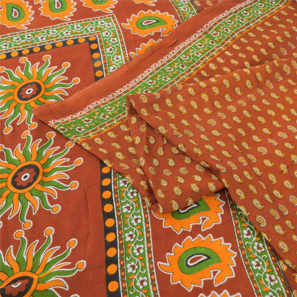 Sanskriti Vintage Sarees Indian Orange Pure Cotton Printed Sari 5yd Craft Sustainable Fabric