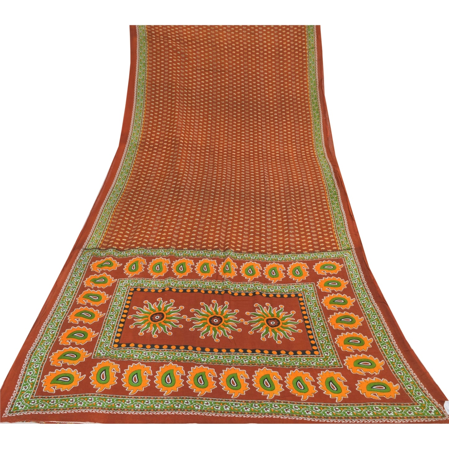 Sanskriti Vintage Sarees Indian Orange Pure Cotton Printed Sari 5yd Craft Sustainable Fabric