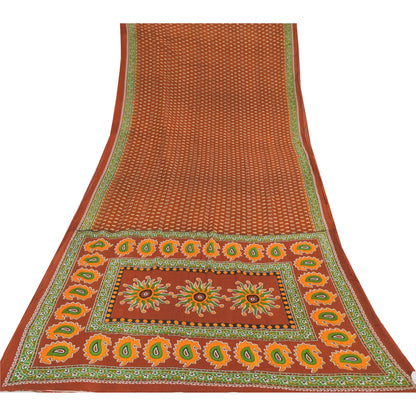 Sanskriti Vintage Sarees Indian Orange Pure Cotton Printed Sari 5yd Craft Sustainable Fabric