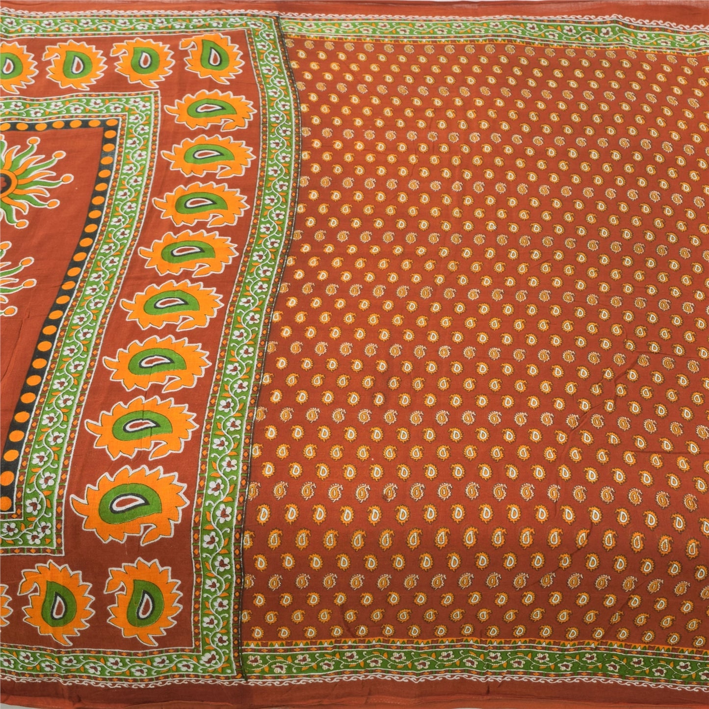 Sanskriti Vintage Sarees Indian Orange Pure Cotton Printed Sari 5yd Craft Sustainable Fabric