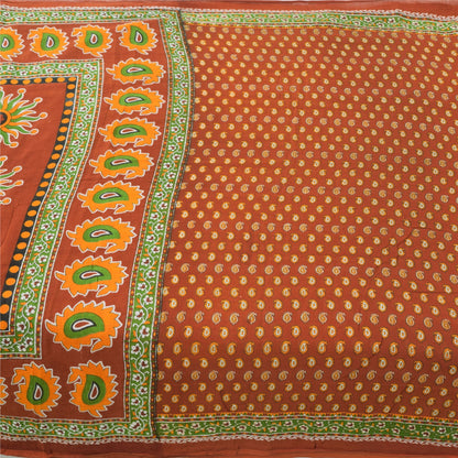 Sanskriti Vintage Sarees Indian Orange Pure Cotton Printed Sari 5yd Craft Sustainable Fabric