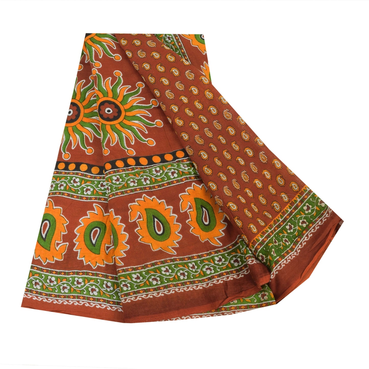 Sanskriti Vintage Sarees Indian Orange Pure Cotton Printed Sari 5yd Craft Sustainable Fabric