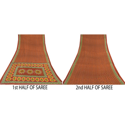 Sanskriti Vintage Sarees Indian Orange Pure Cotton Printed Sari 5yd Craft Sustainable Fabric