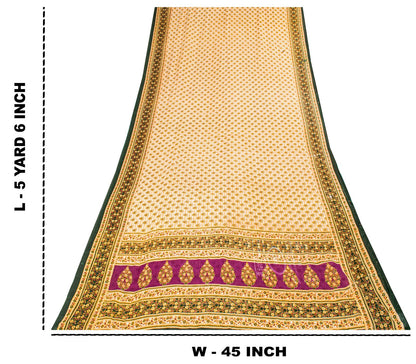 Sanskriti Vintage Saree Off-White 100% Pure Cotton Floral Print Sari 5+YD Sewing Craft Fabric