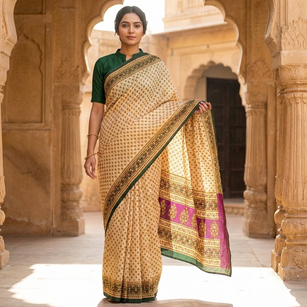 Sanskriti Vintage Saree Off-White 100% Pure Cotton Floral Print Sari 5+YD Sewing Craft Fabric