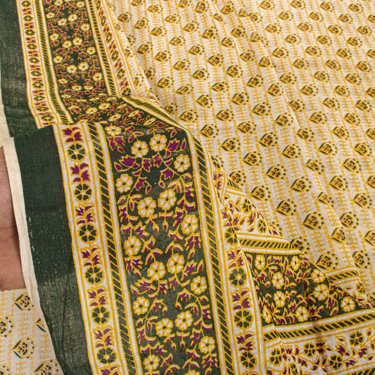 Sanskriti Vintage Saree Off-White 100% Pure Cotton Floral Print Sari 5+YD Sewing Craft Fabric