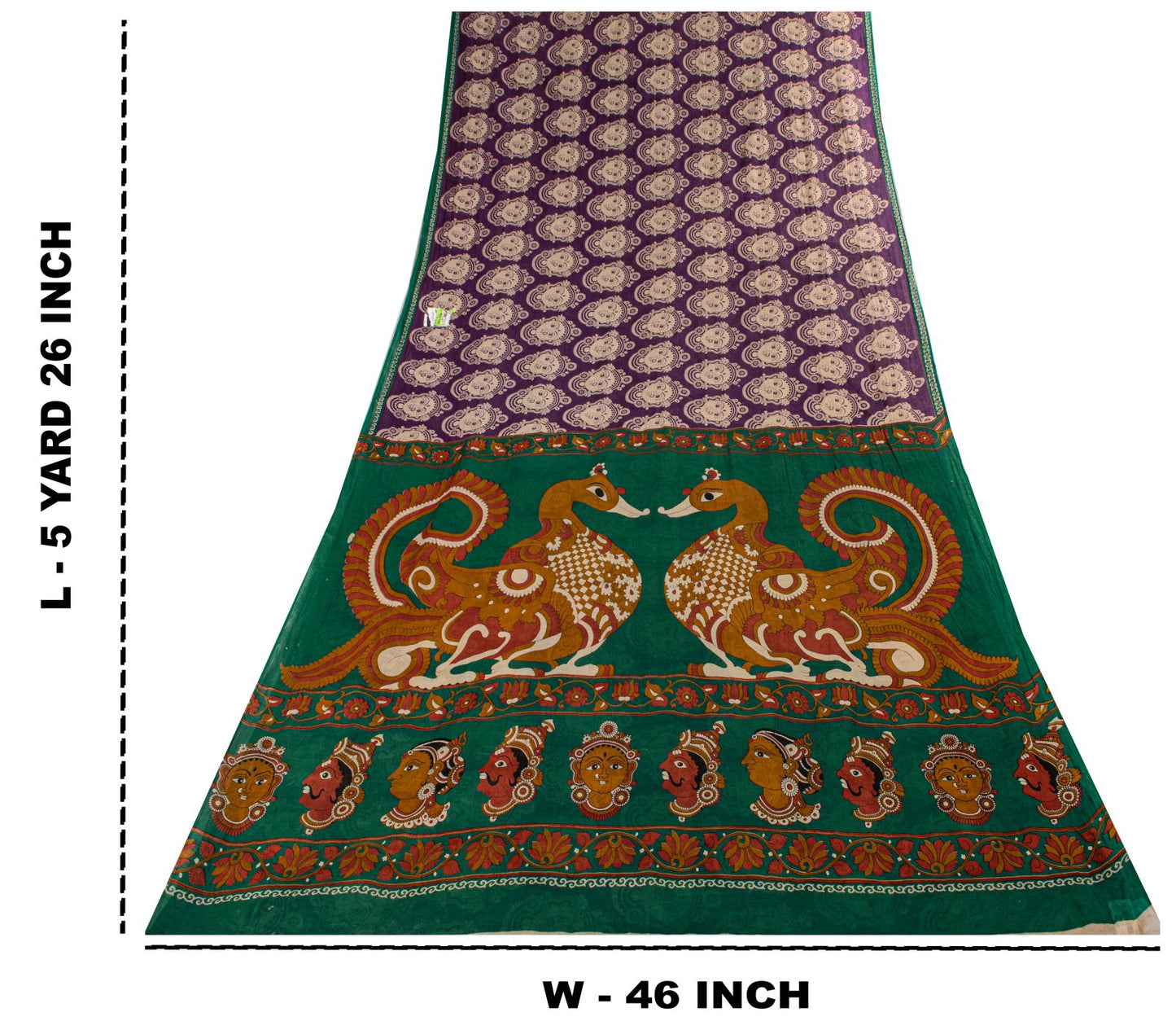 Saree Purple-Green 100% Pure Cotton Machilipatanam Kalamkari Block Printed Fabric 5+Yadr Craft Sari