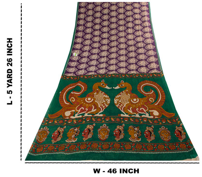 Saree Purple-Green 100% Pure Cotton Machilipatanam Kalamkari Block Printed Fabric 5+Yadr Craft Sari