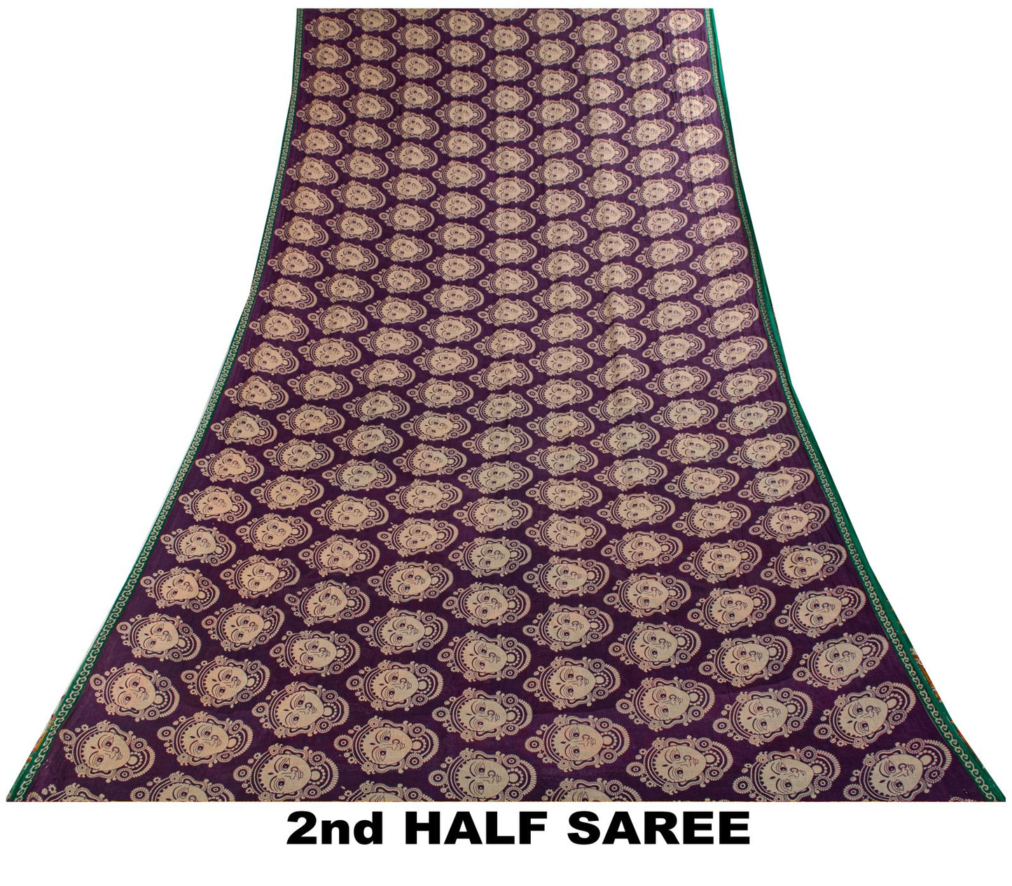 Saree Purple-Green 100% Pure Cotton Machilipatanam Kalamkari Block Printed Fabric 5+Yadr Craft Sari