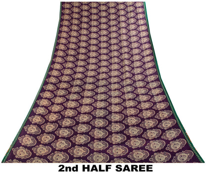 Saree Purple-Green 100% Pure Cotton Machilipatanam Kalamkari Block Printed Fabric 5+Yadr Craft Sari