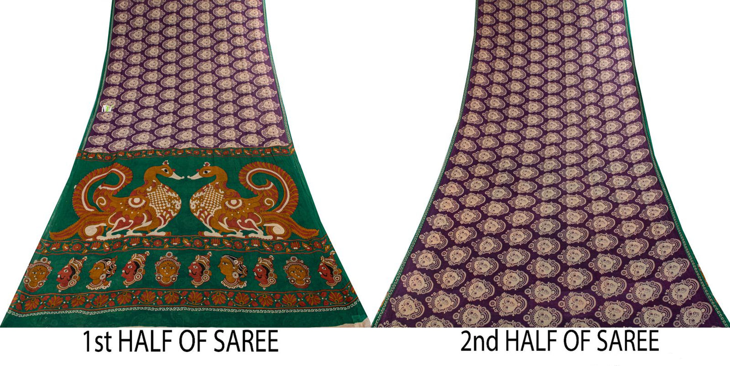 Saree Purple-Green 100% Pure Cotton Machilipatanam Kalamkari Block Printed Fabric 5+Yadr Craft Sari