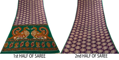 Saree Purple-Green 100% Pure Cotton Machilipatanam Kalamkari Block Printed Fabric 5+Yadr Craft Sari