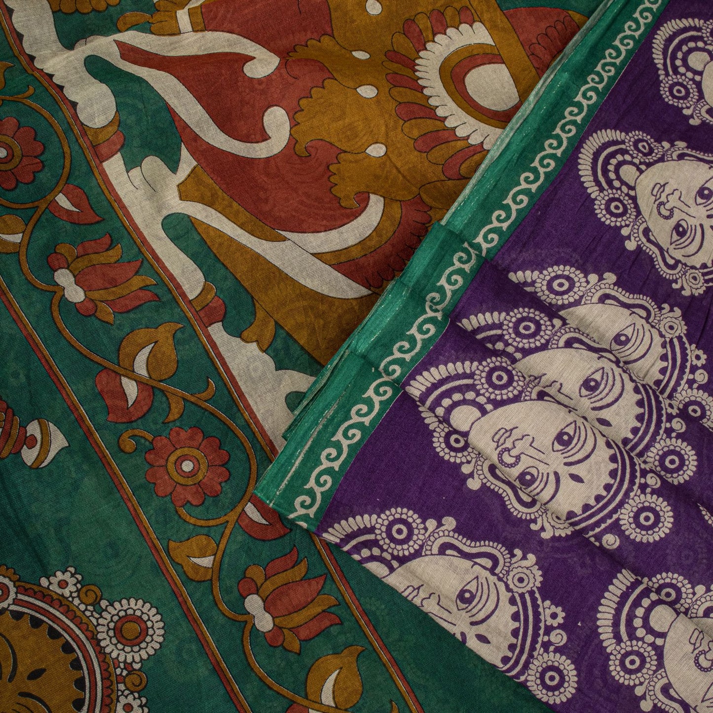 Saree Purple-Green 100% Pure Cotton Machilipatanam Kalamkari Block Printed Fabric 5+Yadr Craft Sari