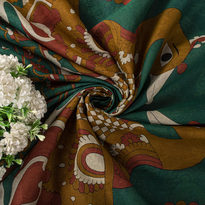 Saree Purple-Green 100% Pure Cotton Machilipatanam Kalamkari Block Printed Fabric 5+Yadr Craft Sari