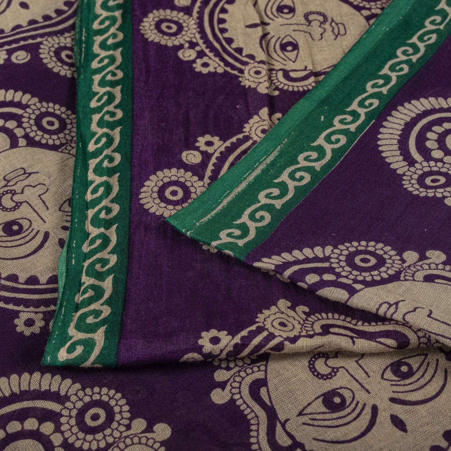 Saree Purple-Green 100% Pure Cotton Machilipatanam Kalamkari Block Printed Fabric 5+Yadr Craft Sari
