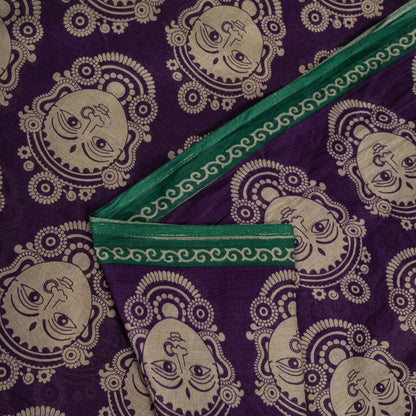 Saree Purple-Green 100% Pure Cotton Machilipatanam Kalamkari Block Printed Fabric 5+Yadr Craft Sari