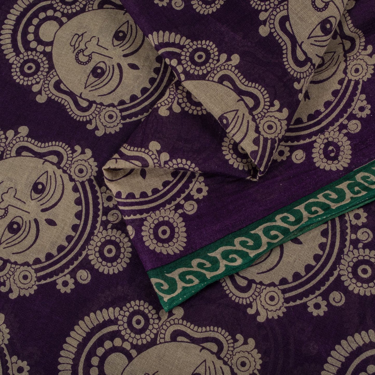 Saree Purple-Green 100% Pure Cotton Machilipatanam Kalamkari Block Printed Fabric 5+Yadr Craft Sari