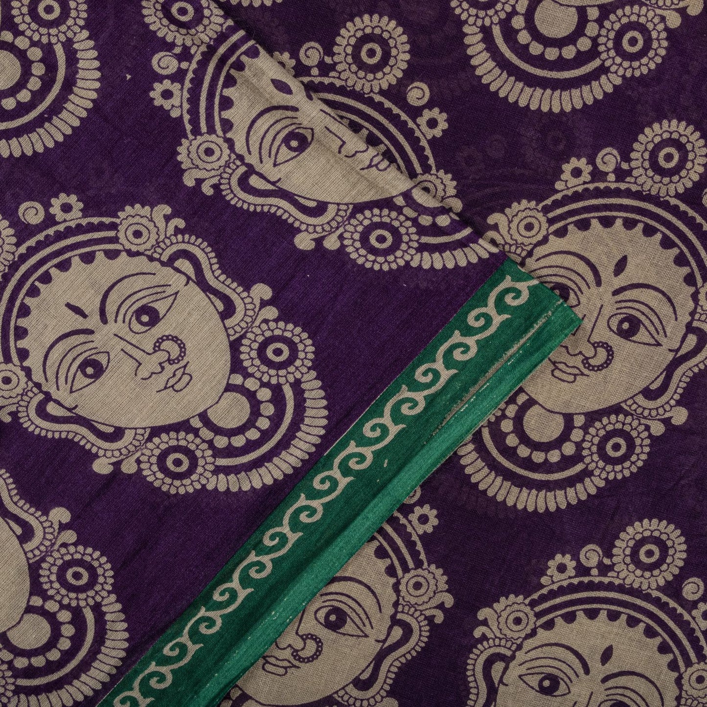 Saree Purple-Green 100% Pure Cotton Machilipatanam Kalamkari Block Printed Fabric 5+Yadr Craft Sari