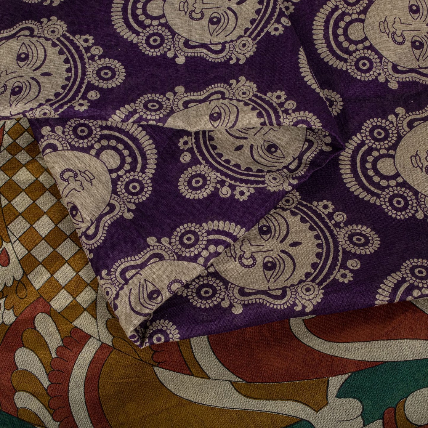 Saree Purple-Green 100% Pure Cotton Machilipatanam Kalamkari Block Printed Fabric 5+Yadr Craft Sari