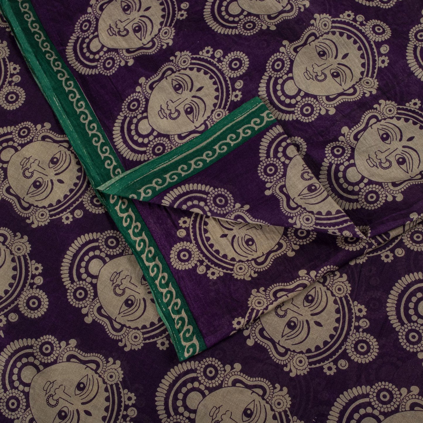 Saree Purple-Green 100% Pure Cotton Machilipatanam Kalamkari Block Printed Fabric 5+Yadr Craft Sari