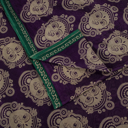 Saree Purple-Green 100% Pure Cotton Machilipatanam Kalamkari Block Printed Fabric 5+Yadr Craft Sari