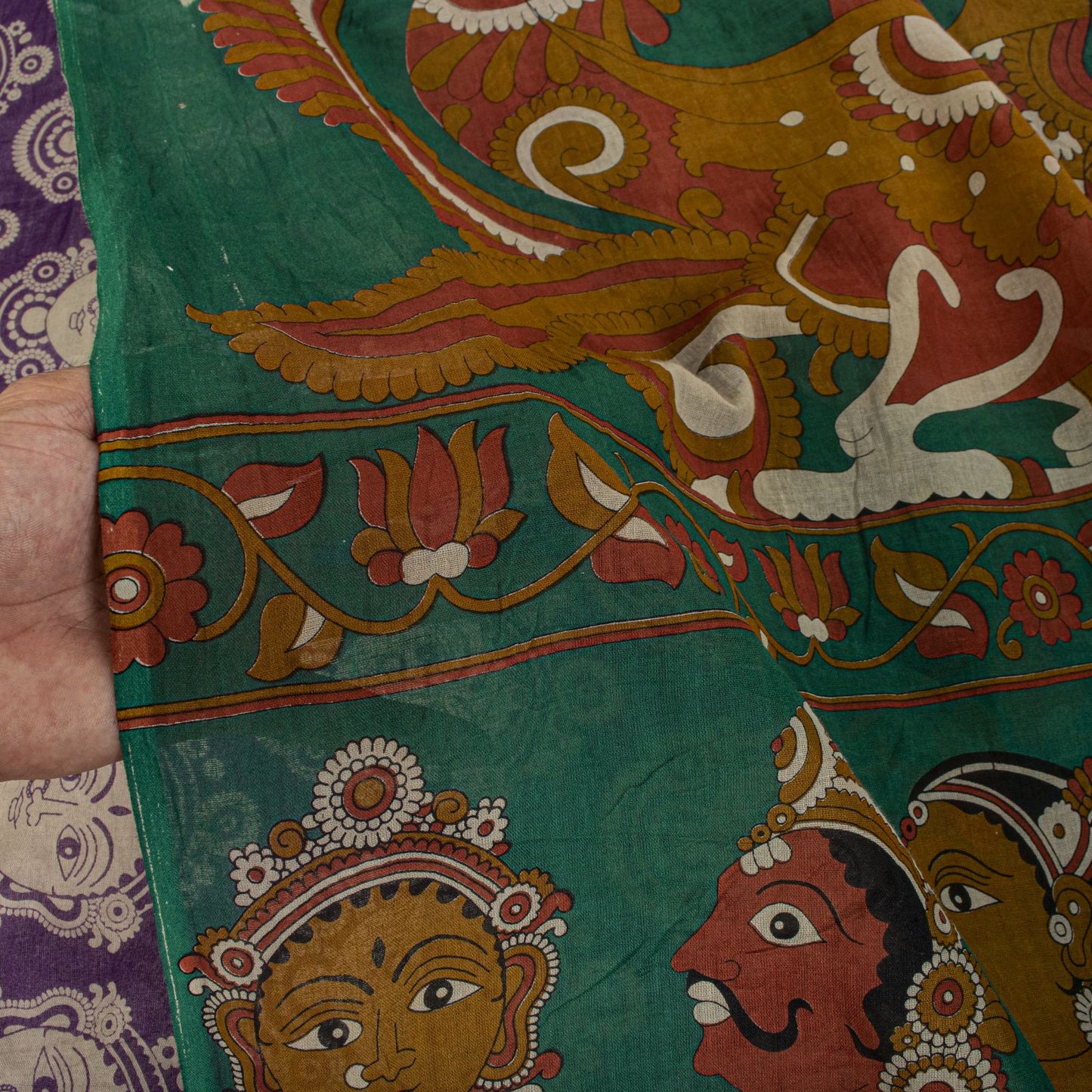 Saree Purple-Green 100% Pure Cotton Machilipatanam Kalamkari Block Printed Fabric 5+Yadr Craft Sari