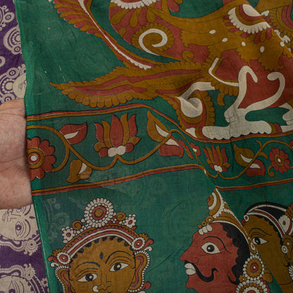 Saree Purple-Green 100% Pure Cotton Machilipatanam Kalamkari Block Printed Fabric 5+Yadr Craft Sari