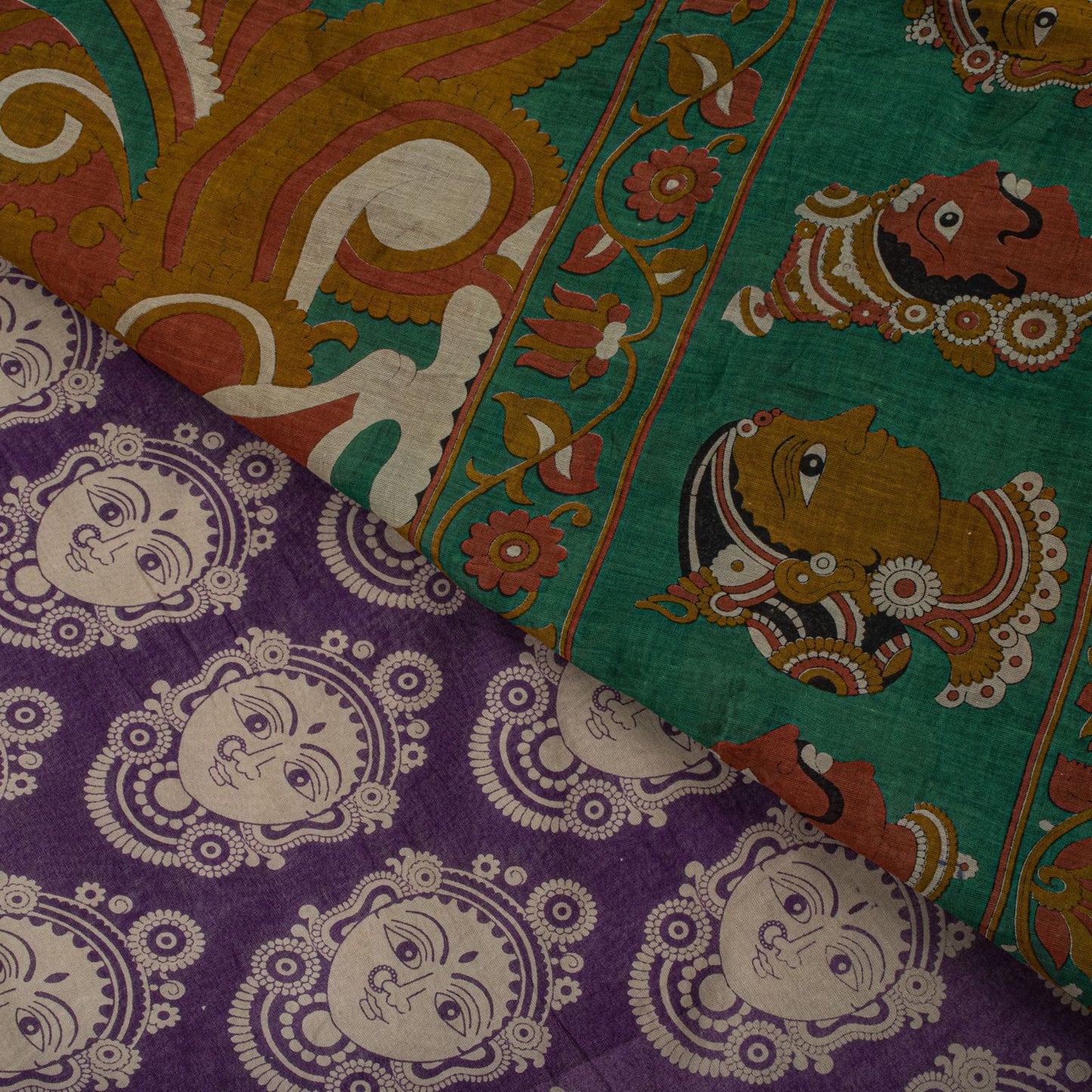 Saree Purple-Green 100% Pure Cotton Machilipatanam Kalamkari Block Printed Fabric 5+Yadr Craft Sari