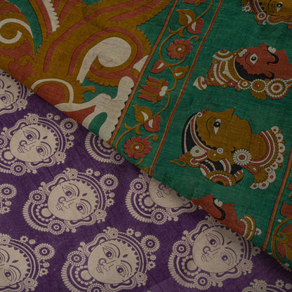 Saree Purple-Green 100% Pure Cotton Machilipatanam Kalamkari Block Printed Fabric 5+Yadr Craft Sari